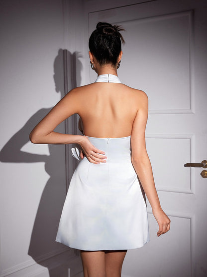 Anatoly Beyaz Kesik Çiçek Saten Elbise