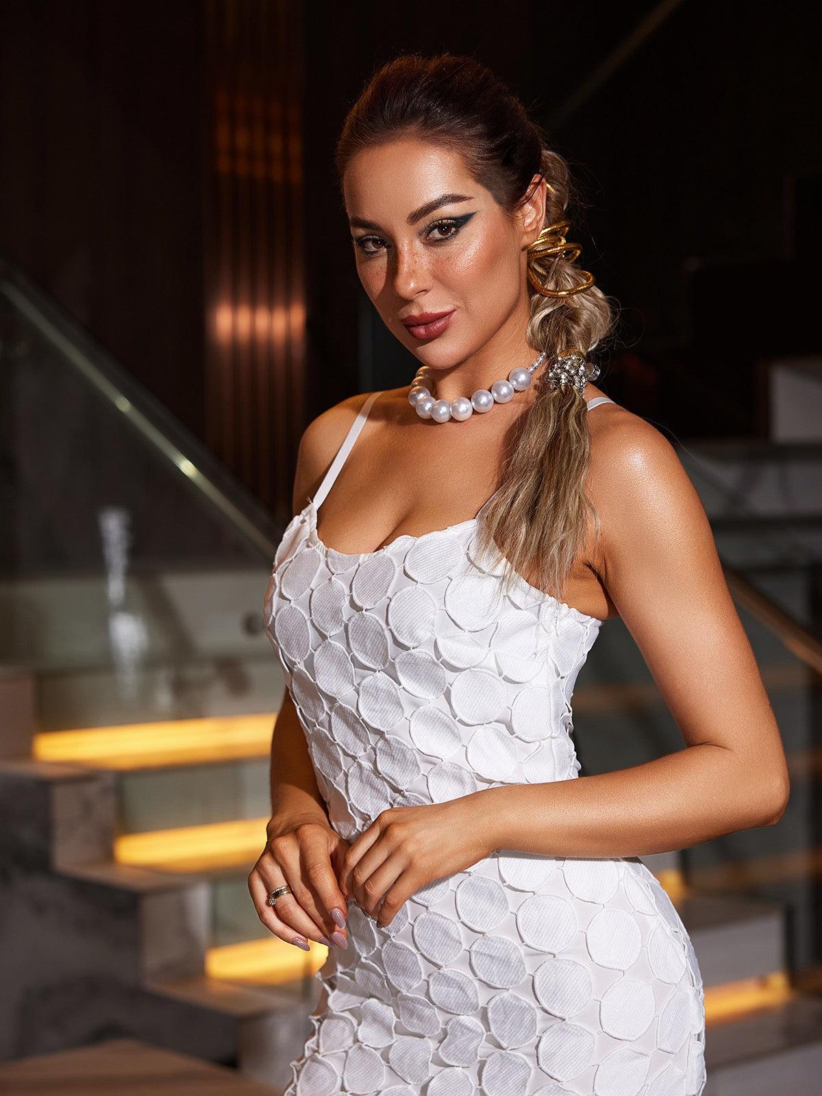 Annick Spagetti Daire Kesikli Midi Elbise Beyaz