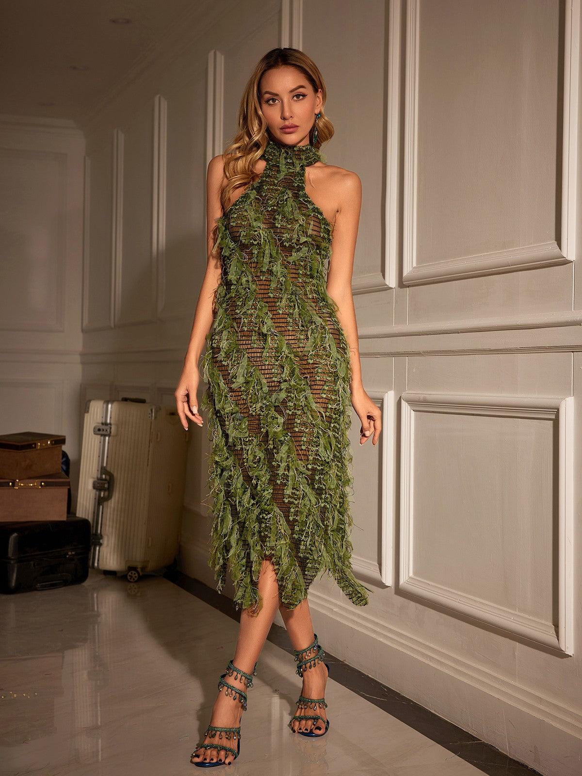 Arlo Halter Yakalı Sırtı Açık Boş Midi Elbise Yeşil