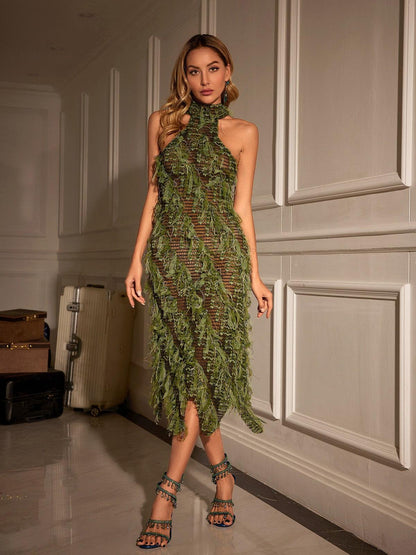 Arlo Halter Yakalı Sırtı Açık Boş Midi Elbise Yeşil