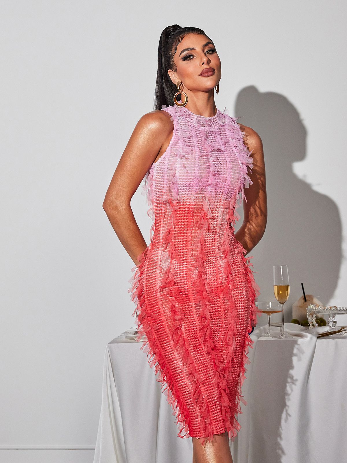 Arlo Ombre Püsküllü Midi Elbise Pembe