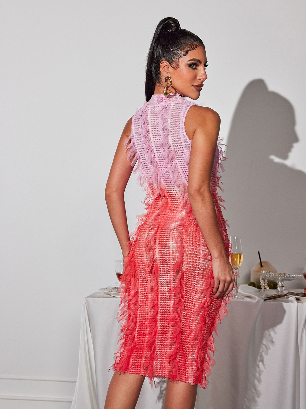 Arlo Ombre Püsküllü Midi Elbise Pembe