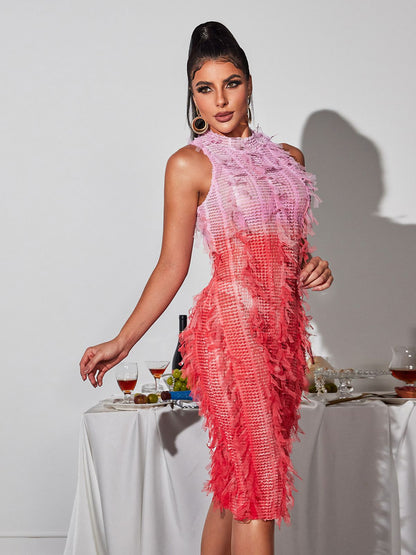 Arlo Ombre Püsküllü Midi Elbise Pembe