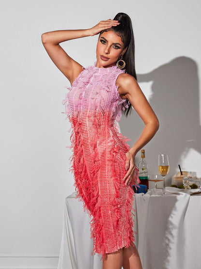 Arlo Ombre Püsküllü Midi Elbise Pembe