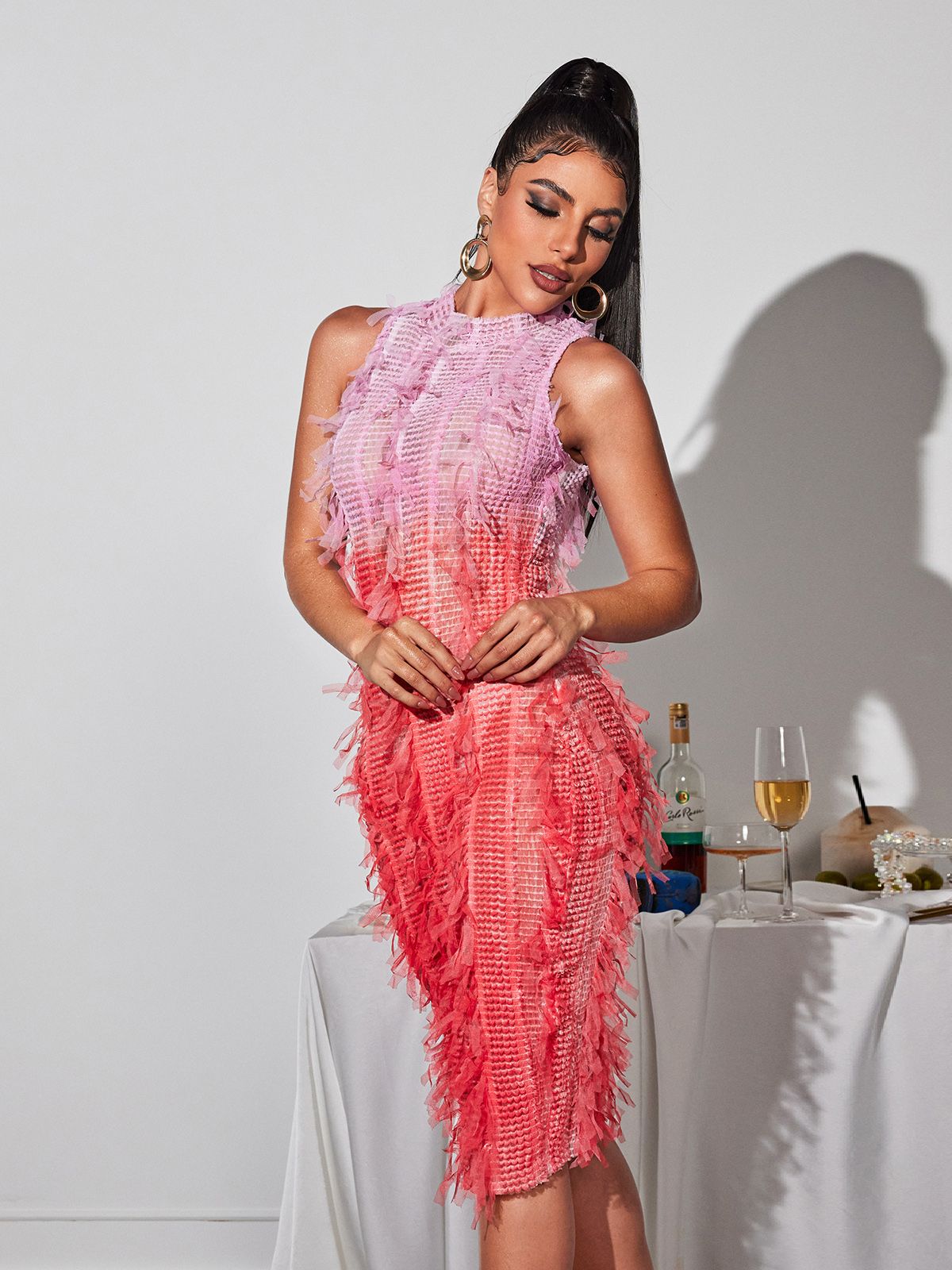 Arlo Ombre Püsküllü Midi Elbise Pembe