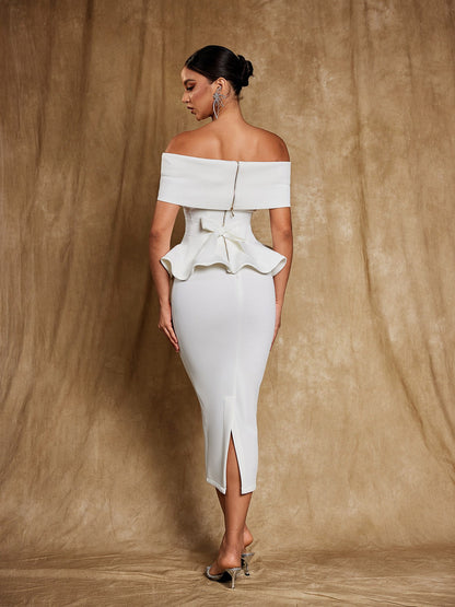 Augustus Omuzları Açık Volanlı Midi Elbise Beyaz