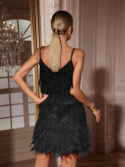 Austyn Püsküllü Tüylü Mini Elbise Siyah