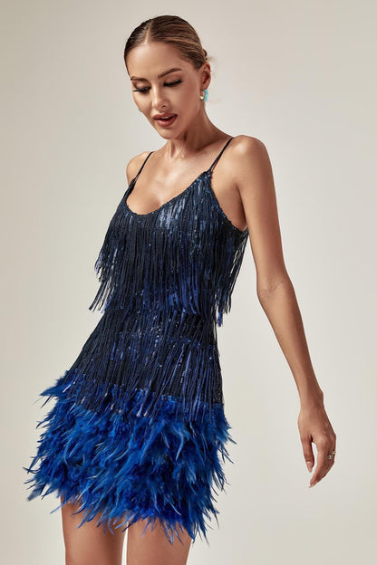 Austyn Püsküllü Tüylü Mini Elbise Kraliyet Mavisi