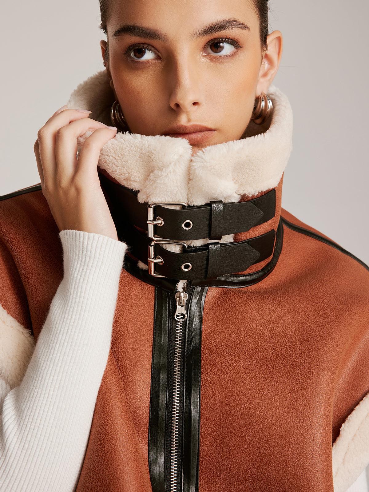 Fox - Kürklü Deri Tokalı Yelek