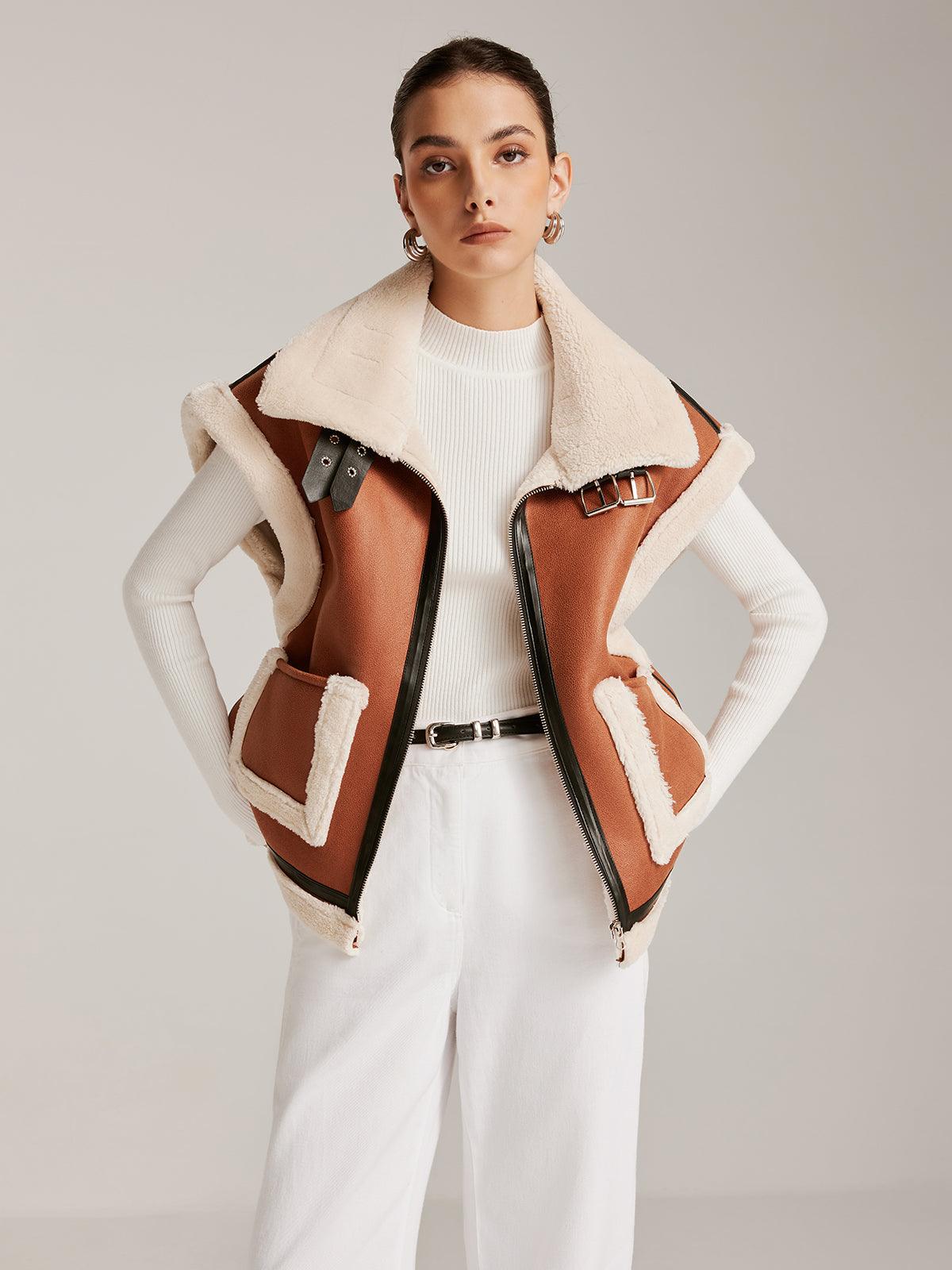 Fox - Kürklü Deri Tokalı Yelek