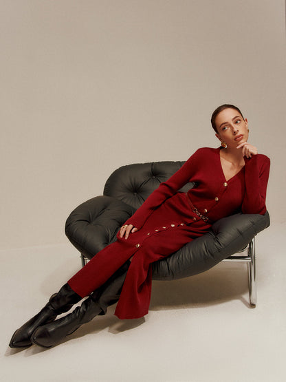 Tyra V Yaka Düğmeli Kemer Örgü Elbise Uzun