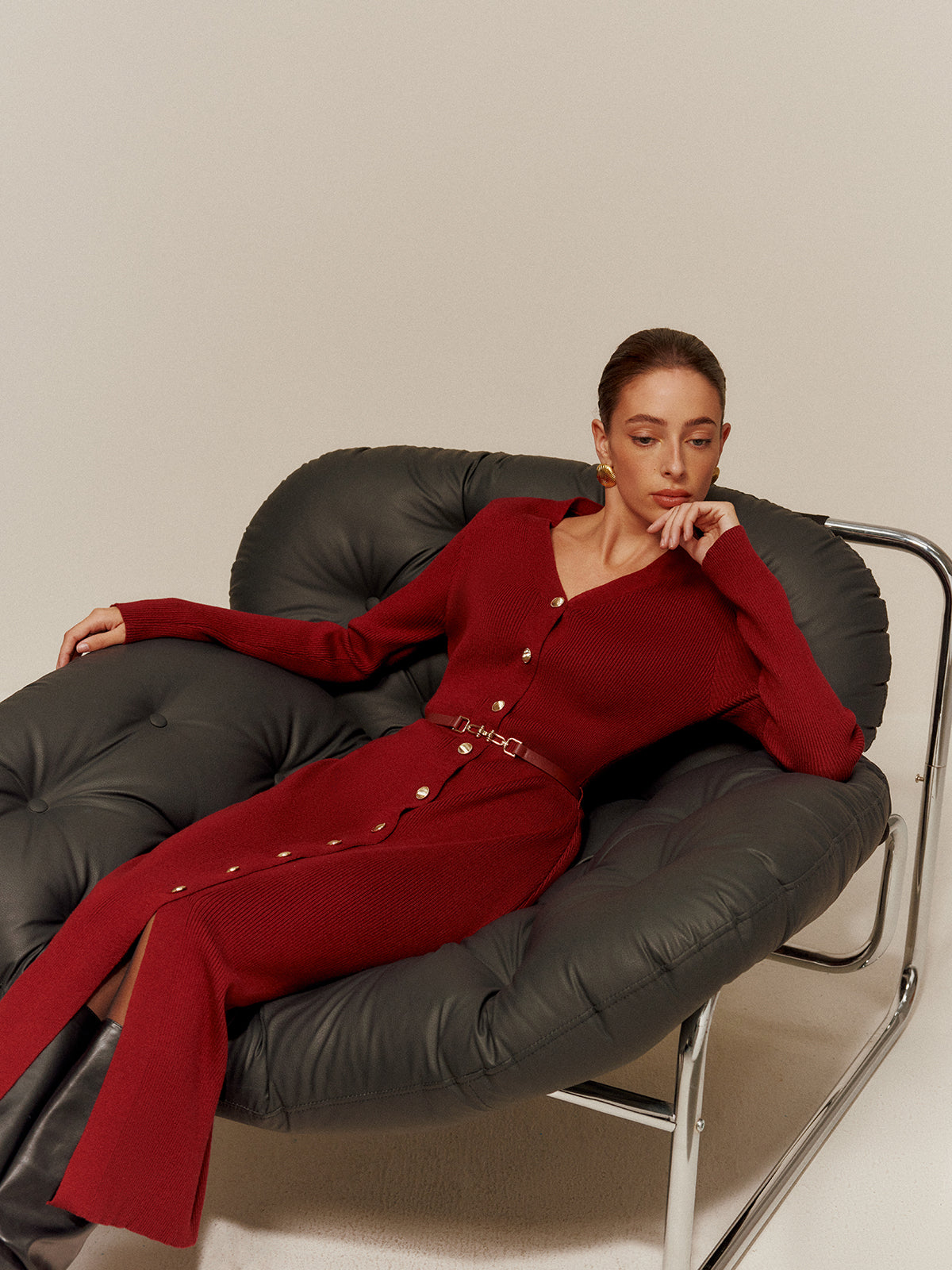 Tyra V Yaka Düğmeli Kemer Örgü Elbise Uzun