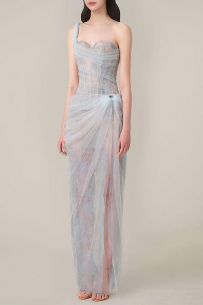 Bertille Tek Omuz Maxi Elbise Mavi