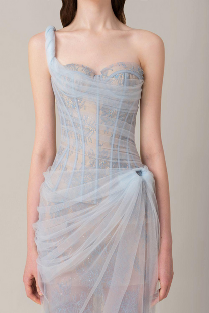 Bertille Tek Omuz Maxi Elbise Mavi