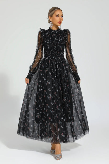Elara Siyah Çiçek Uzun Kollu Uzun Elbise
