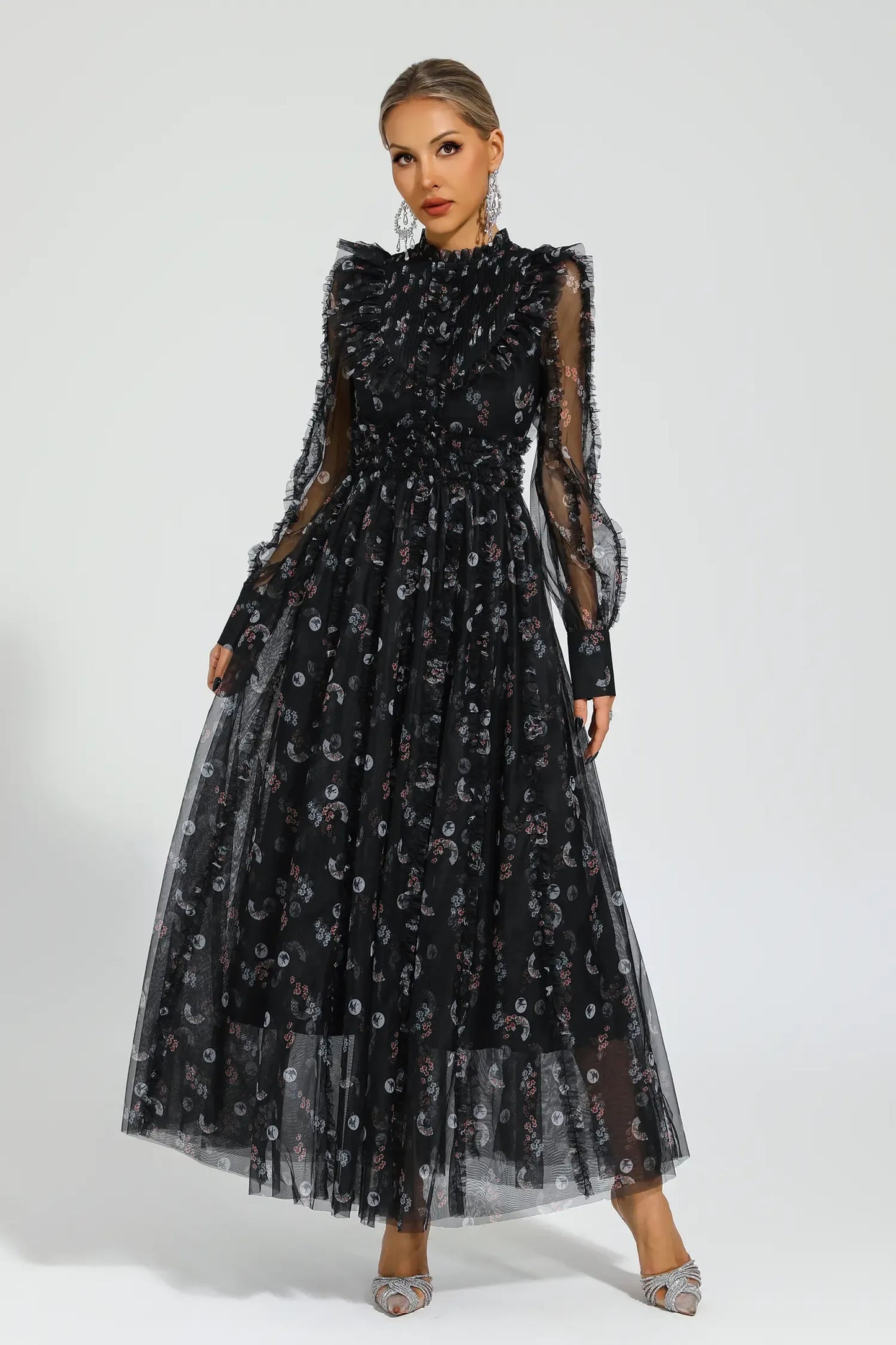 Elara Siyah Çiçek Uzun Kollu Uzun Elbise