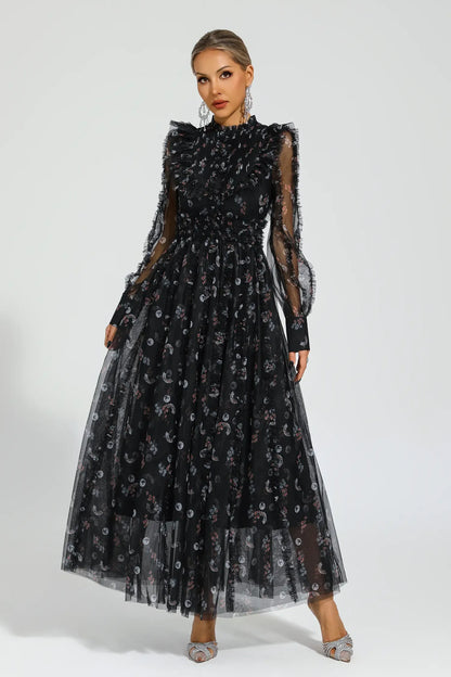 Elara Siyah Çiçek Uzun Kollu Uzun Elbise