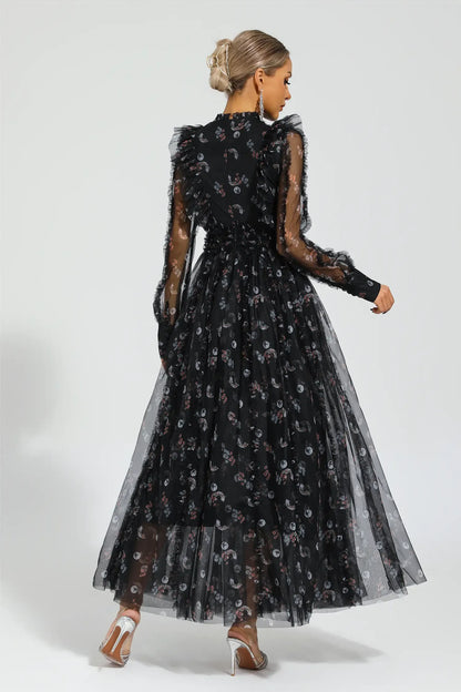 Elara Siyah Çiçek Uzun Kollu Uzun Elbise