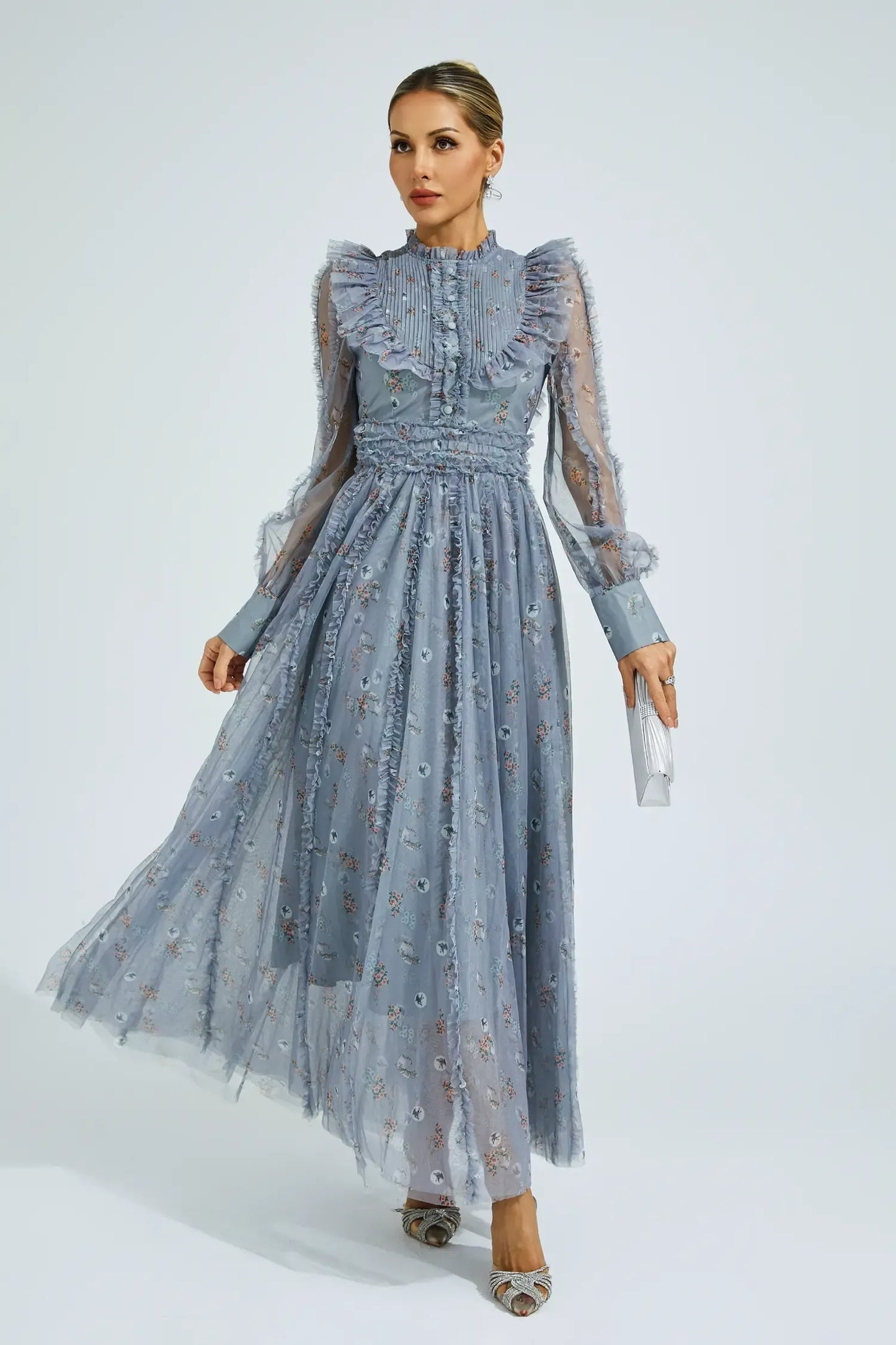 Elara Mavi Çiçek Uzun Kollu Uzun Elbise