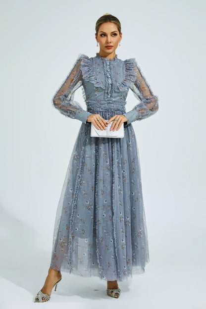 Elara Mavi Çiçek Uzun Kollu Uzun Elbise