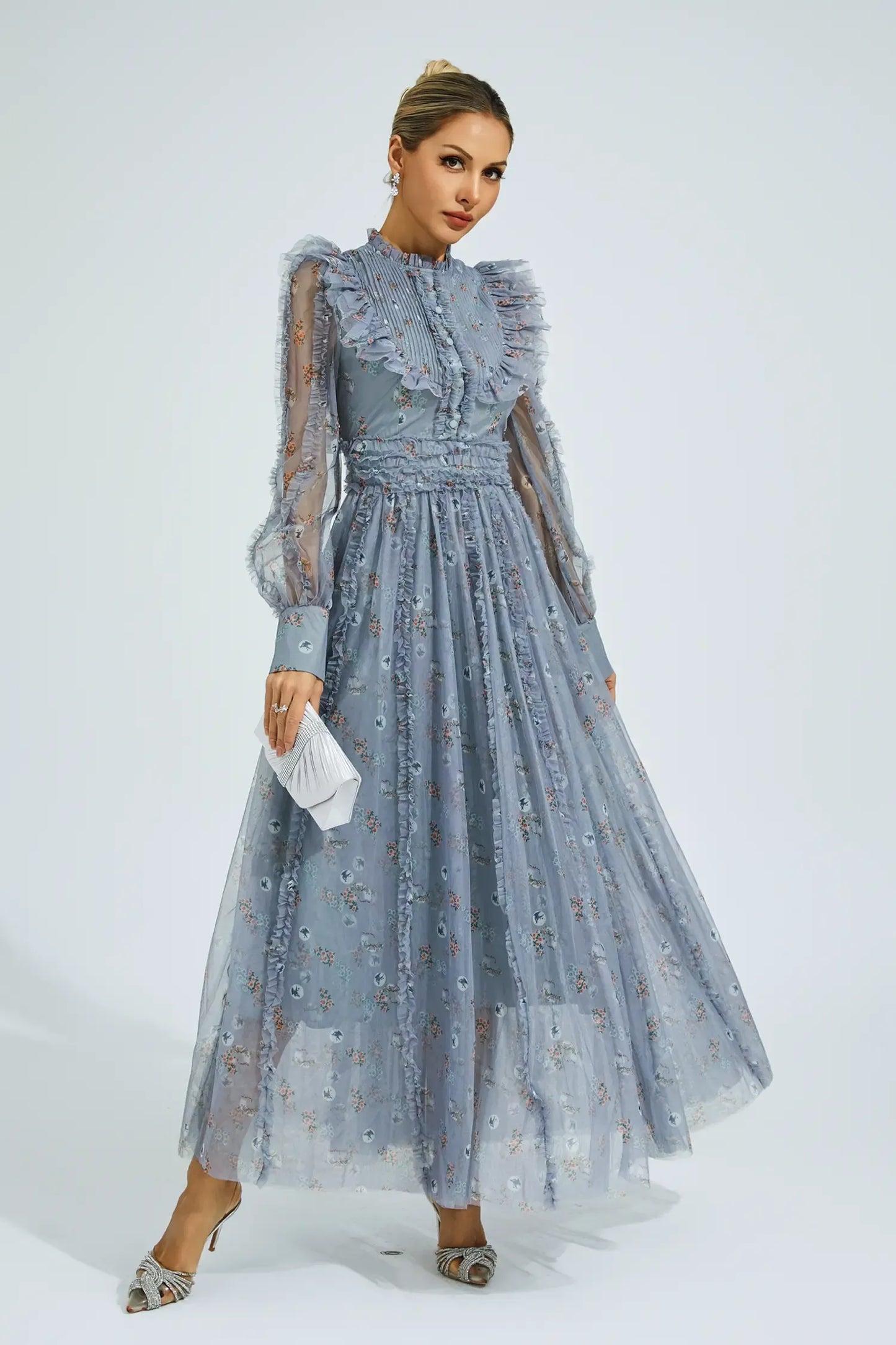 Elara Mavi Çiçek Uzun Kollu Uzun Elbise