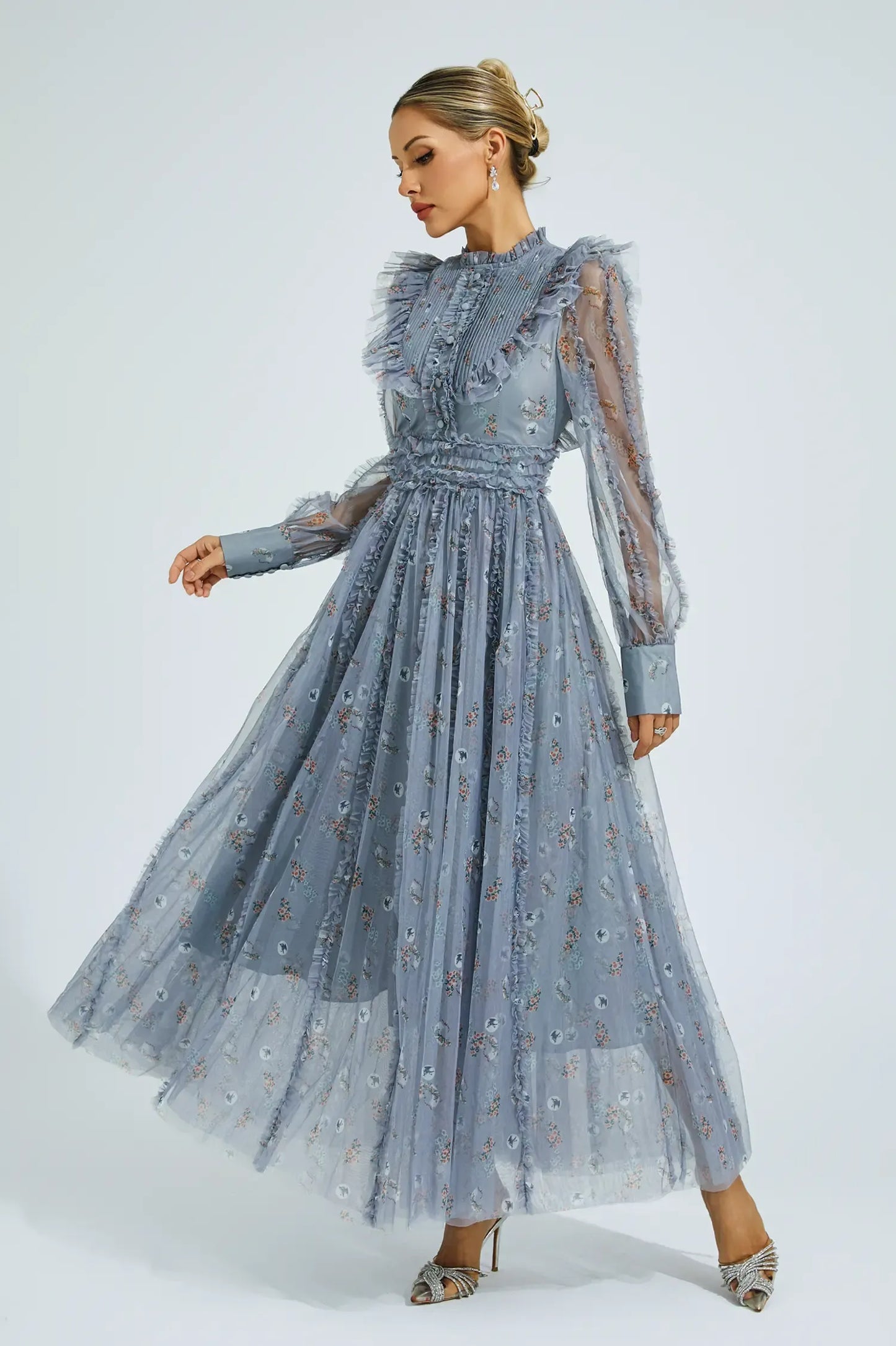 Elara Mavi Çiçek Uzun Kollu Uzun Elbise