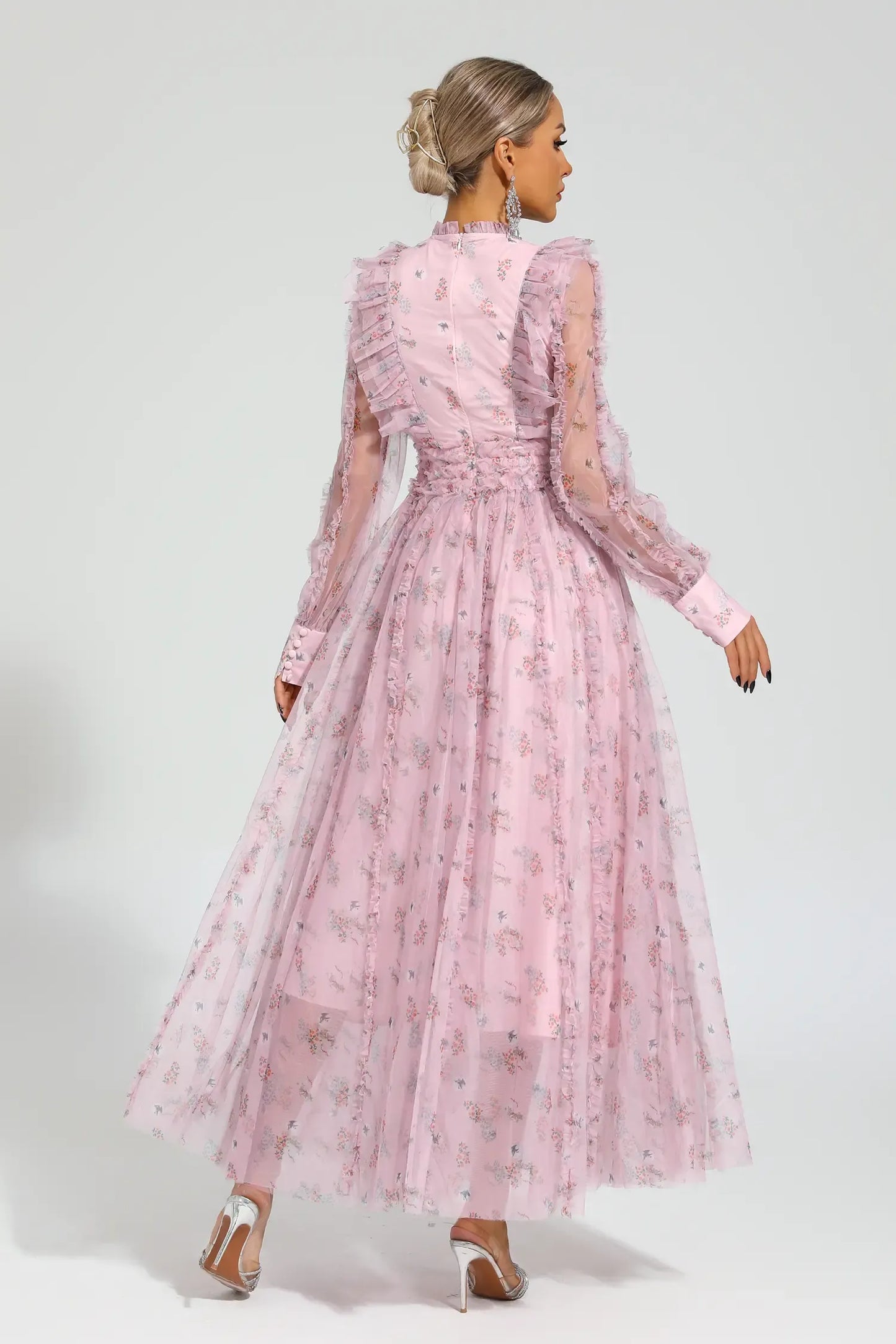 Elara Pembe Çiçek Uzun Kollu Uzun Elbise