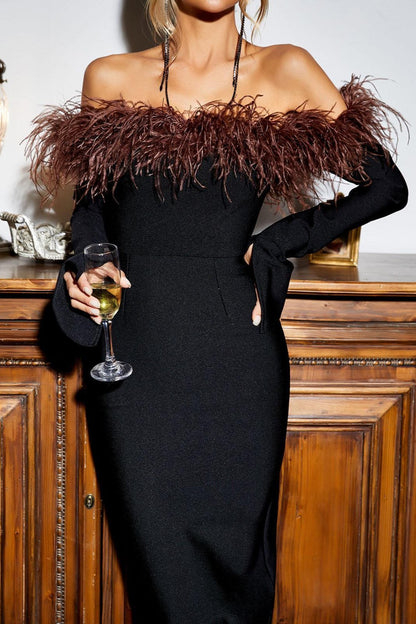 Blanche Omuzdan Bağlamalı Tüylü Midi Siyah Elbise