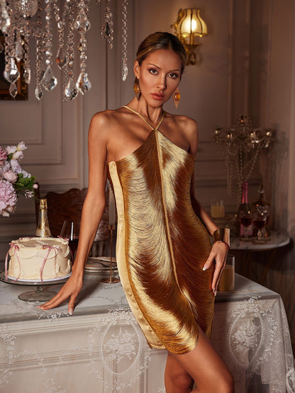 Bluma Boyundan Bağlamalı Saçaklı Mini Elbise Bronz