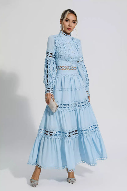 Julieta Mavi Kesik Uzun Kollu Uzun Elbise