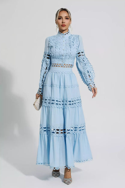 Julieta Mavi Kesik Uzun Kollu Uzun Elbise