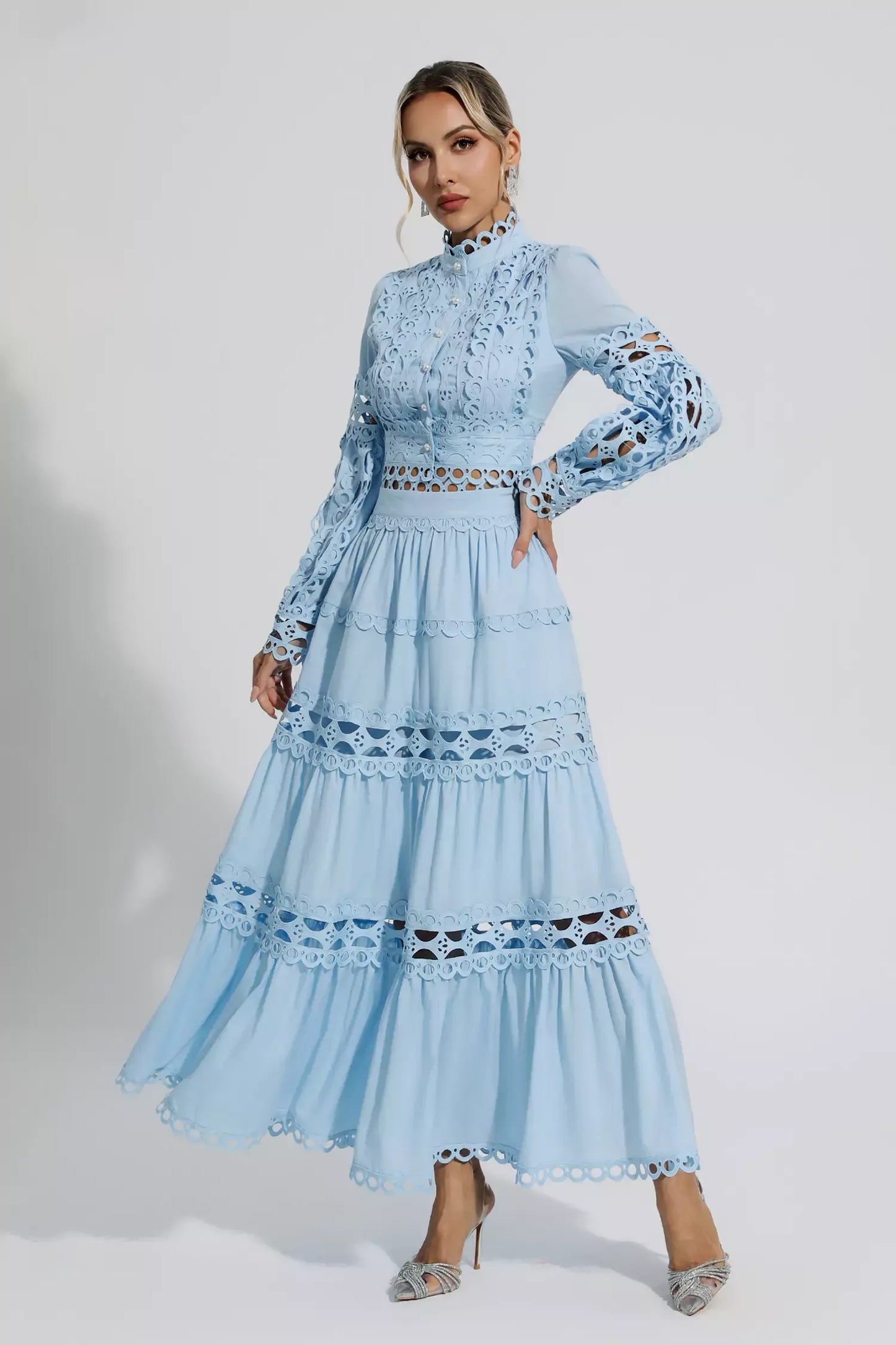 Julieta Mavi Kesik Uzun Kollu Uzun Elbise