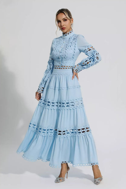 Julieta Mavi Kesik Uzun Kollu Uzun Elbise