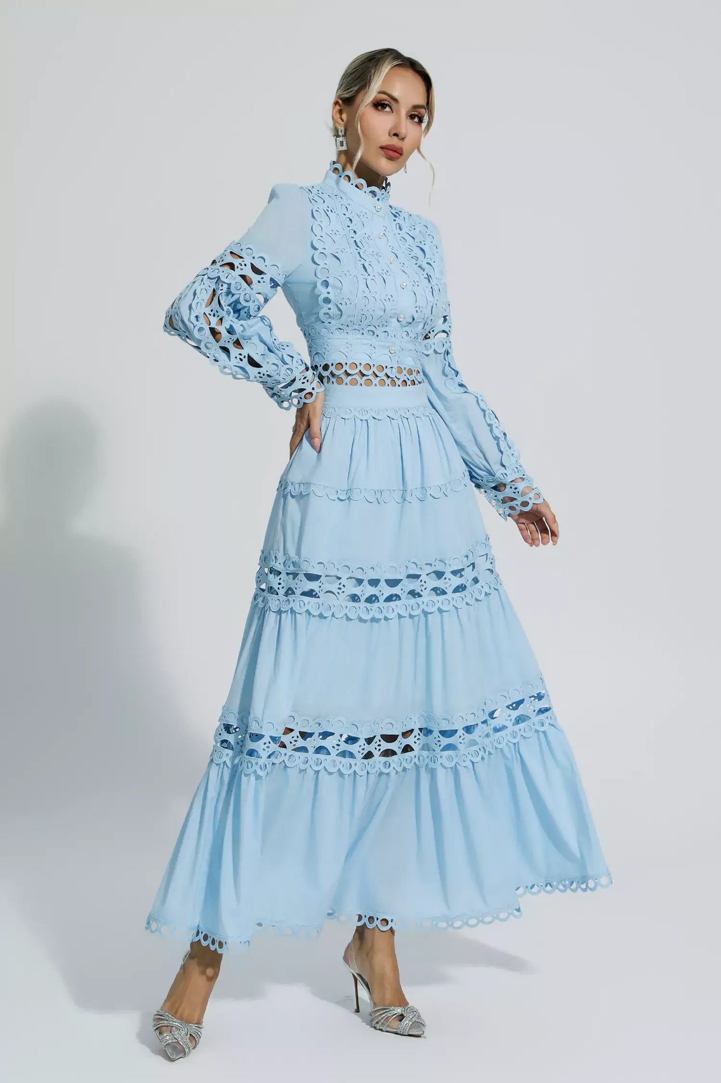 Julieta Mavi Kesik Uzun Kollu Uzun Elbise