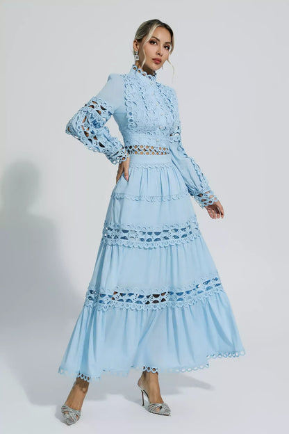 Julieta Mavi Kesik Uzun Kollu Uzun Elbise