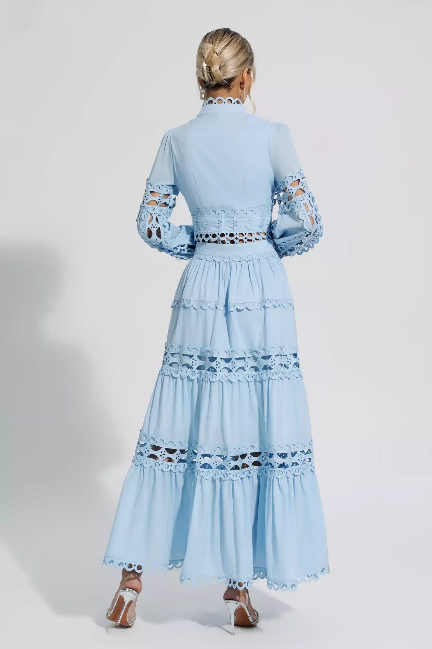 Julieta Mavi Kesik Uzun Kollu Uzun Elbise