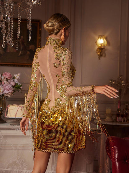 Altın Braychan Süslüli Saçaklı Bölünmüş Mini Elbise