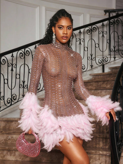 Braylene Taşlı Tüylü Mini Elbise