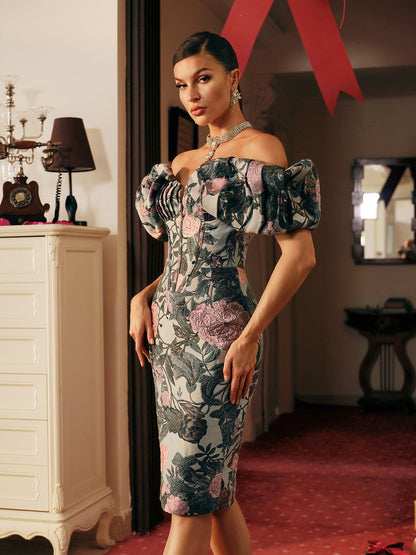 Casale Omuzu Açık Çiçek Baskılı Midi Elbise