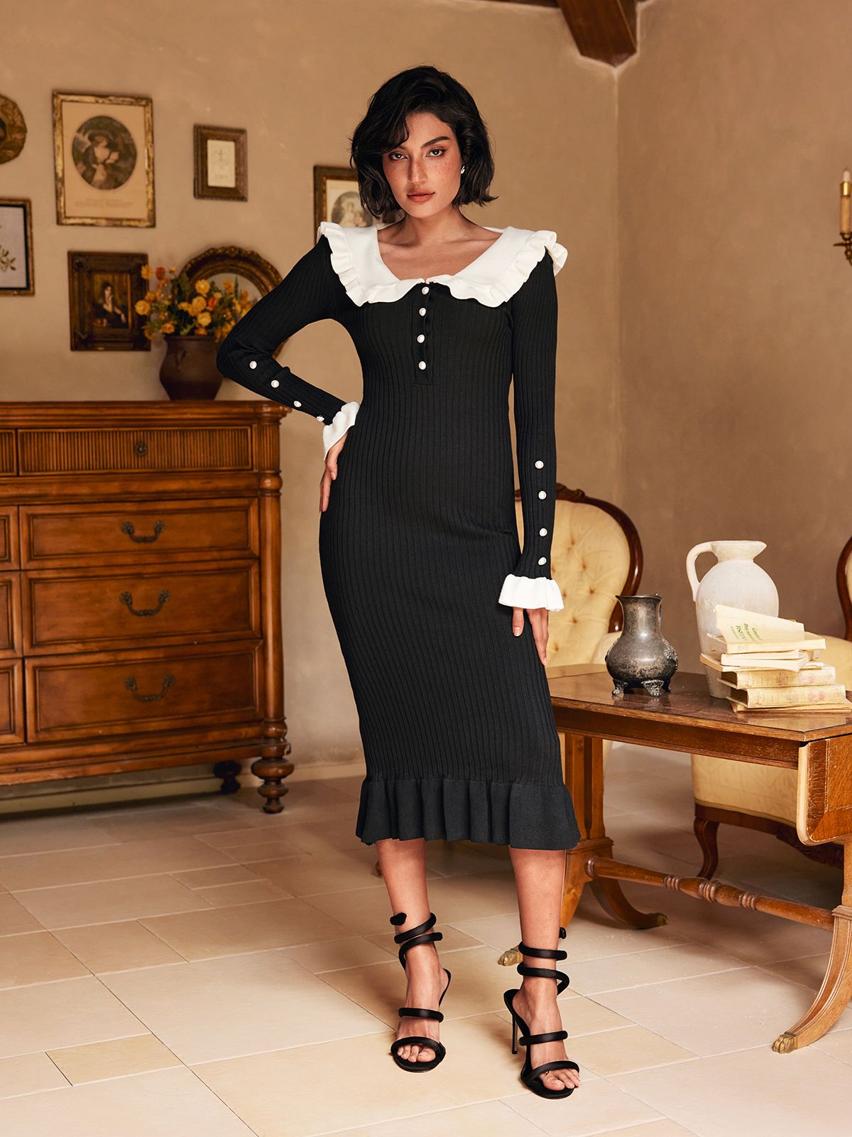 Chrisopher Uzun Kollu Fırfırlı Örme Midi Elbise