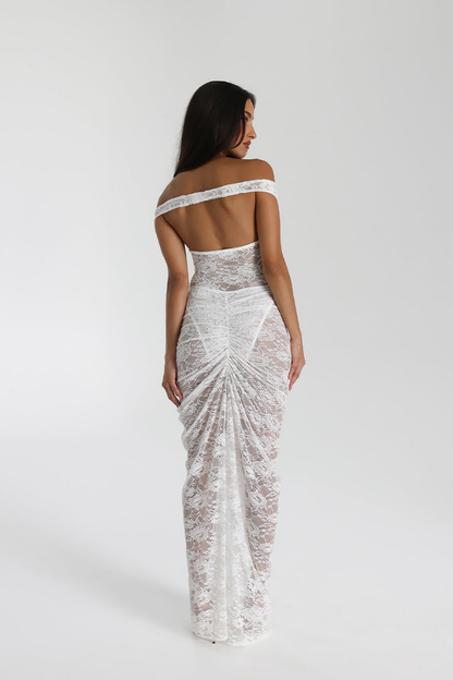 Christelle Omuz Açık Dantel Etek Takımı Beyaz