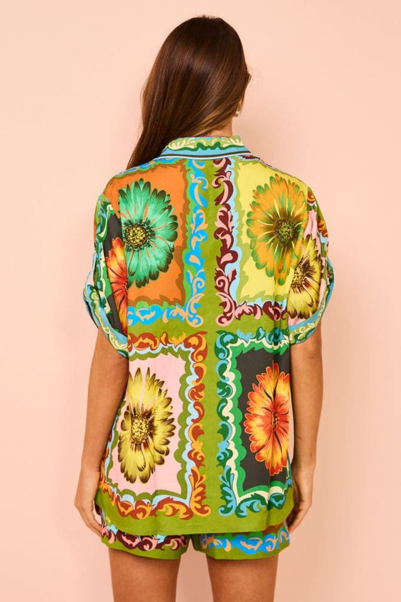 Özel Ayçiçeği Desenli Beli Lastikli Şort-Takım