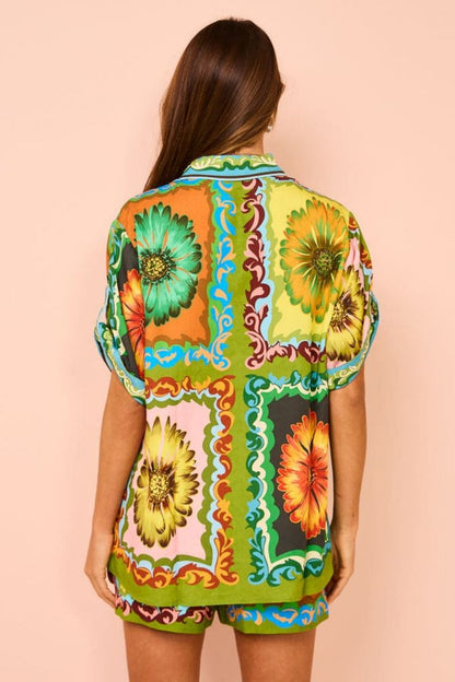 Özel Ayçiçeği Desenli Beli Lastikli Şort-Takım