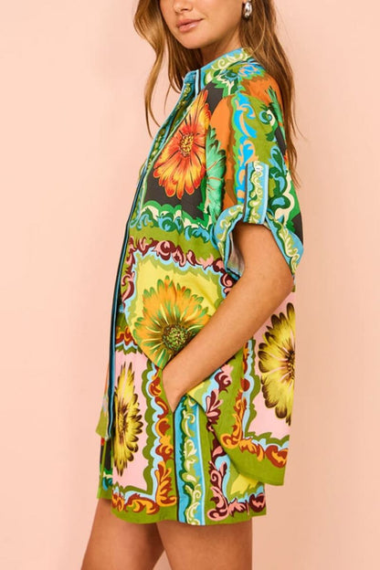 Özel Ayçiçeği Desenli Beli Lastikli Şort-Takım