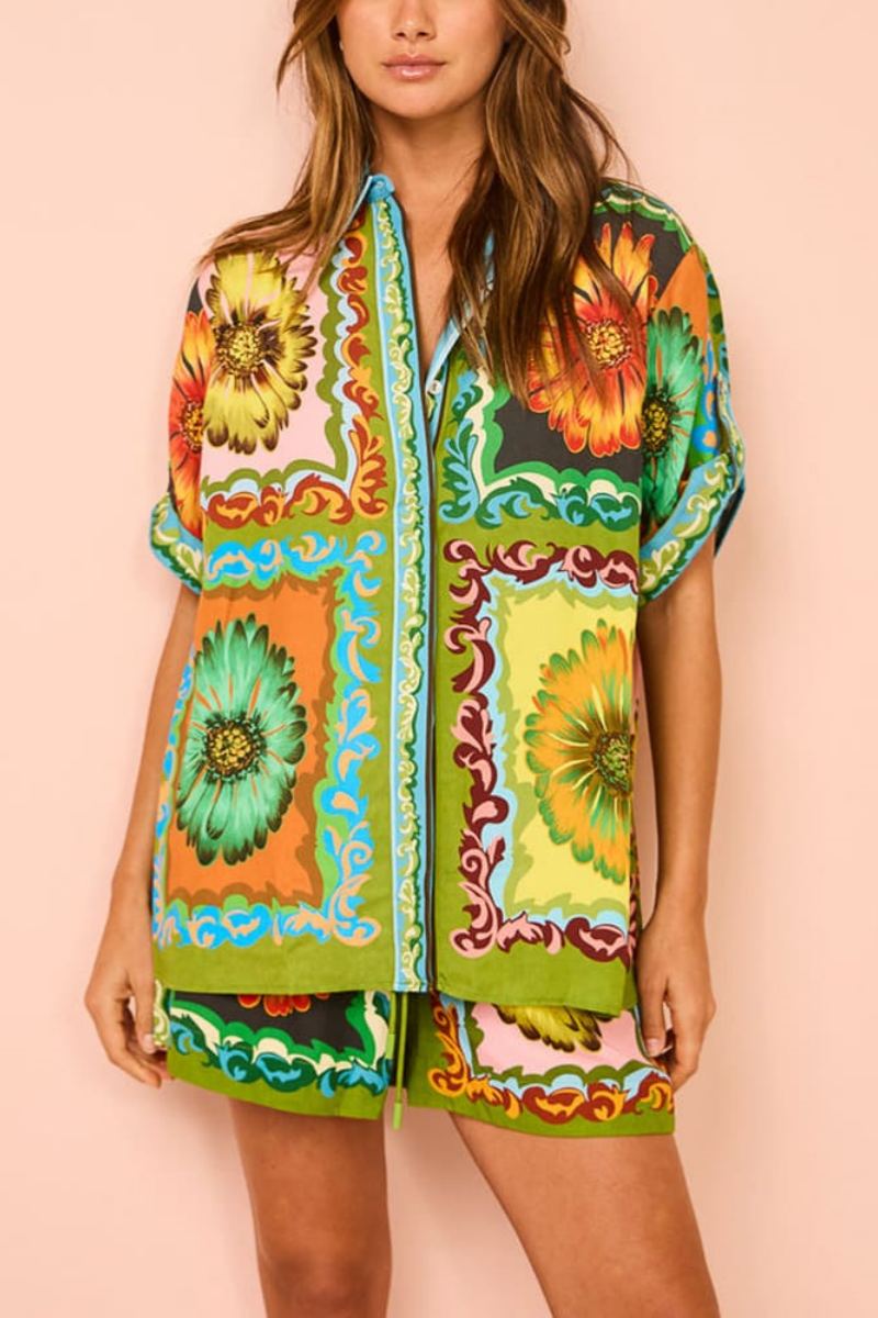 Özel Ayçiçeği Desenli Beli Lastikli Şort-Takım