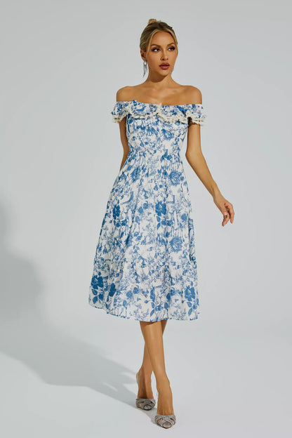 Connie Mavi Çiçek Puffer Kollu Midi Elbise