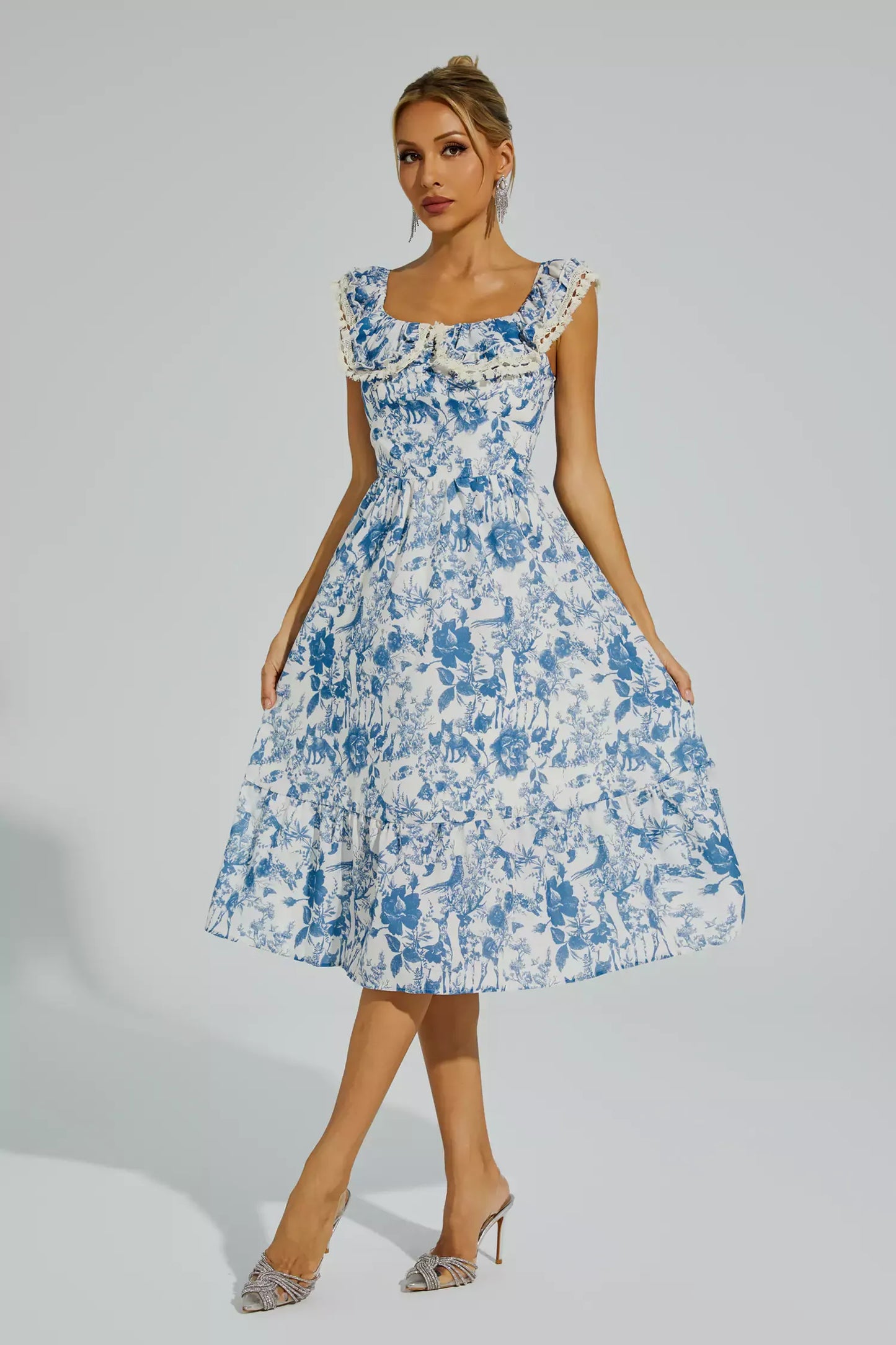 Connie Mavi Çiçek Puffer Kollu Midi Elbise