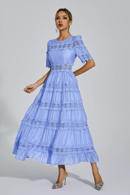 Courtney Mavi Kesik Dantel Uzun Elbise