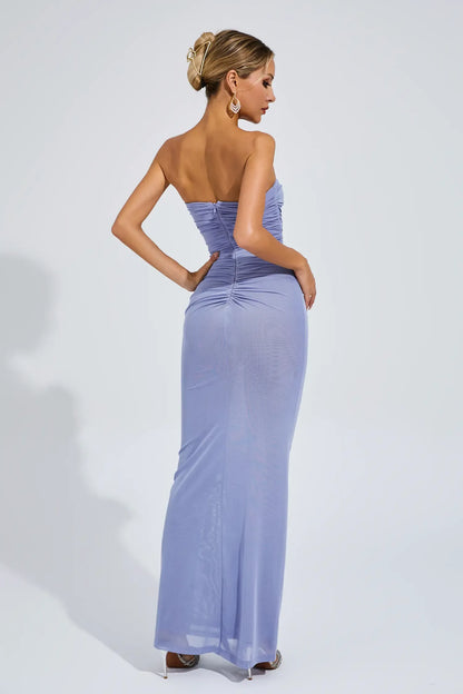 Darlene Mavi Gül Omuzları Açık Uzun Elbise