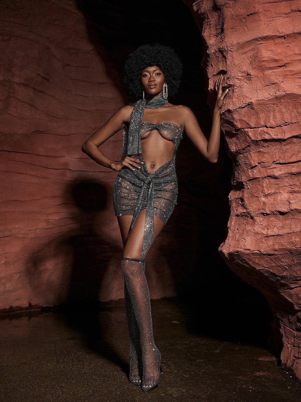 Delfina Kesik Zincir Posta Mini Elbise